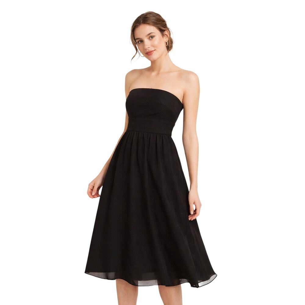 J.Crew 100% Silk Strapless Black Dress Size 0 Fit Flare Midi Cocktail LBD